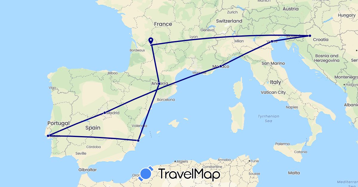 TravelMap itinerary: driving in Andorra, Spain, France, Croatia, Italy, Monaco, Portugal (Europe)